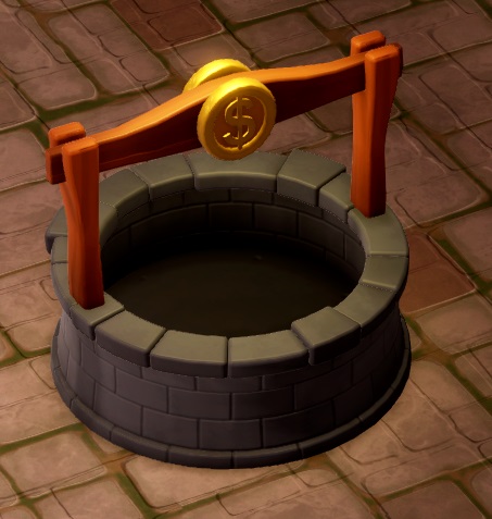 De Large Donation Well is een enorme 'waterput' met een geel dollarteken in een gele cirkel in het midden van de bovenste dwarsbalk.