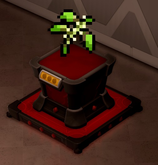 Op een verhoging staat een lauriertak, opgebouwd uit tweedimensionale pixelblokken.