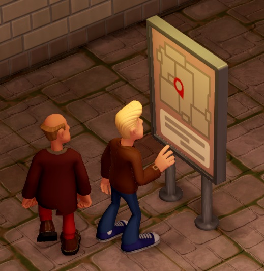 Twee Bezoekers bekijken de Map Display - een Museumkaart met een rood teken dat aangeeft waar de kaart staat.