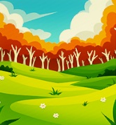 Een golvende, groene grasvlakte, met enkele witte bloemetjes erop. In de verte ligt een loofbos. De bomen hebben witte stammen en oranjerode bladerkoepels.