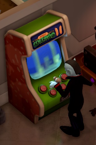 Een Vampier speelt op een Meat Wizard 2 Machine. De spelautomaat heeft een joystick en vier knoppen met het uitzicht van ronde salamischijfjes. De zijkant is één en al salami.