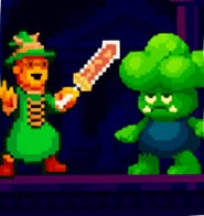 Een zijaanzicht van Meat Wizard die met zijn Meaty Sword op het punt staat, een Brorccoli te lijf te gaan. De scene is opgebouwd uit pixelblokken.
