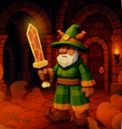 Een scene in drie dimensies met Meat Wizard, met zijn Meaty Sword in de aanslag, in een kerker. Links en rechts van de hoofdfiguur zijn nevels zichtbaar. Meat Wizard draagt een witte baard en snor.