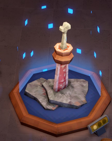 Een afbeelding van het Meaty Sword 3D, opgebouwd uit pixels, met vele kleine, vierkantige, blauwe partikels die rond het Museumstuk zweven. Het zwaard is, anders dan zijn 'platte' tegenhanger, als volume opgebouwd, maar ziet er voor de rest hetzelfde uit als het 'gewone' Meaty Sword.