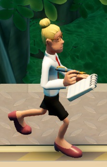 Mindy loopt voorbij met een zwarte rok, wit hemd, rode das en donkerroze schoenen. Haar blonde haar is in een knotje samengebonden en ze draagt een bril.