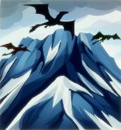 Een bergtop onder een bewolkte lucht. Drie drakensilhouetten vliegen rond de bergtop.