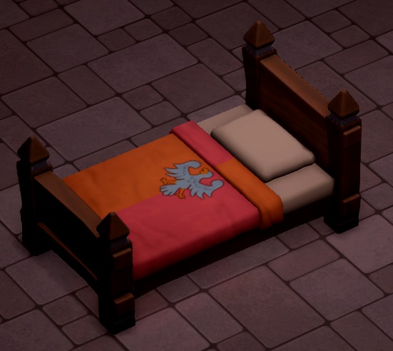 Het Olden Bed is uit hout gemaakt en heeft een 'spits' (een kleine houten piramide) op iedere hoek. Op de tweekleurige deken staat een heraldische vogel afgebeeld.