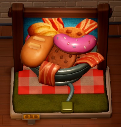 De Olfactory Reset is een combinatie van Schilderij en Beeldhouwwerk: een Beeld van een kom met spek, een donut en brood, dat achteraan overgaat in een Schilderij ervan.