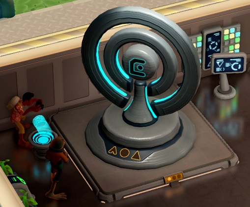 De Orbit Totem bestaat uit een centrale verticale piek, omringd door twee concentrische ringen. Links fotografeert een Toerist de Totem; een Frogborne-Bezoekers bekijkt de hele scene.
