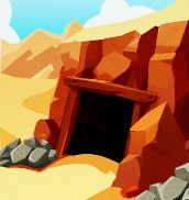 In een berglandschap staat een mijningang in een rotswand. De ingang heeft aan elke kant een verticale houten balk, met bovenaan een horizontale dwarsbalk.