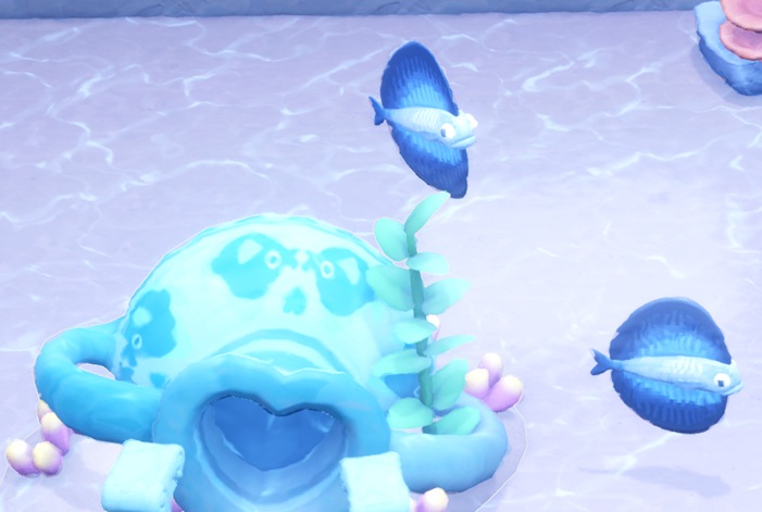Twee Pacific Fanfishes zwemmen rechts van een Egg Cup. De Vissen zijn blauw, met opvallend grote rug- en buikvinnen, waardoor hun lichaam er cirkelvormig uitziet.