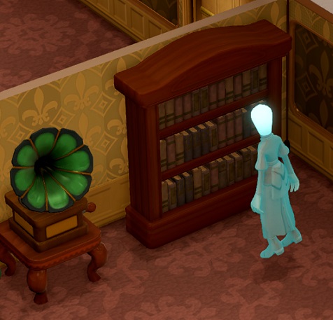 Een vrouwelijk Spook zweeft voor een gevulde Boekenkast. De vrouw heeft een gloeilamp op de plaats waar haar hoofd zou moeten zitten. Links staat een Grammofoonspeler.