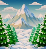 Een sneeuwlandschap, links en rechts geflankeerd door besneeuwde naaldbomen. Op de achtergrond liggen de Pointy Mountains: één centrale hogere top, omringd door drie kleinere bergtoppen.