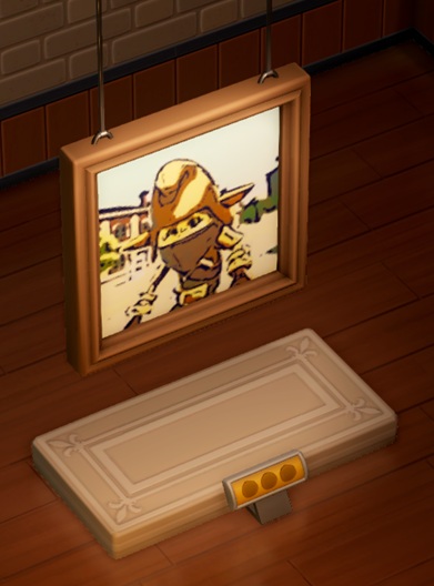 Vogelperspectief van een Portrait (Portret). Het Portret hangt aan twee kabels. Op het Portret staat een afbeelding van een Goblin.