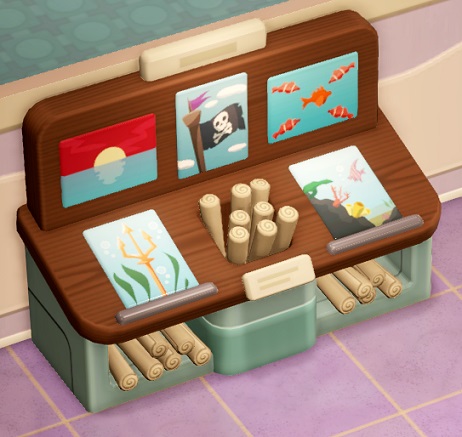 Een Poster Stand is een 'bak' gevuld met opgerolde posters. Deze Poster Stand bevat Marine Life Posters: voorbeelden zijn afgebeeld op de bak. Bovenaan staan posters met een zonsondergang, een piraten-kraaiennest en met vijf Clown Fishes. Daaronder staan een poster met een drietand en een poster met een zeebodem erop.
