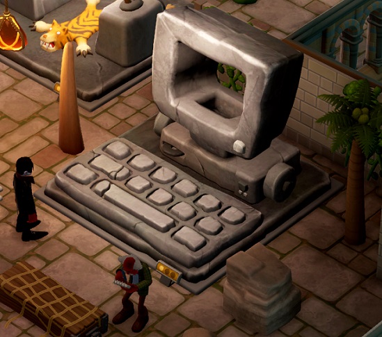 Een Goth bekijkt een enorme 'computer', van steen gemaakt.