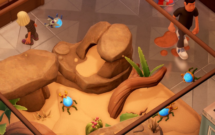 Vier Raindrop Scarabs in hun Terrarium; de linkse en rechtse zitten op het glas. De Kevers hebben een helderblauw achterlijf. Links bekijkt een Kind een Terrarium buiten het fotokader; rechts loopt een volwassen Bezoeker voorbij.