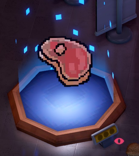 Een afbeelding van een Raised Steak, opgebouwd uit pixels, met vele kleine, vierkantige, blauwe partikels die rond het Museumstuk zweven. De Raised Steak is een biefstuk, met een gaatje waar vroeger ongetwijfeld een bot zat. Rechtsonder is een 'rood oogje' te zien - een teken in het spel dat een Bezoeker in de nabijheid zich niet gelukkig voelt. Rechtsboven is de achterkant van een reclamebanner zichtbaar.