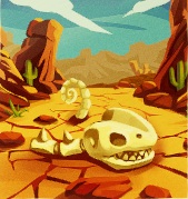 Een vlakte, waarbij de grond door uitdroging karakteristieke scheuren en verdelingen vertoont. Op de voorgrond ligt de kop (en een deel van de ruggengraat) van een dinosaurusskelet; op de achtergrond ligt een gekrulde skeletstaart.