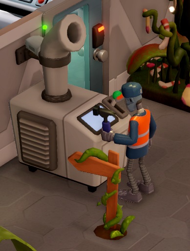 Een Robo Janitor, gekleed in een oranje werkvest, onderhoudt een Luchtbevochtiger.