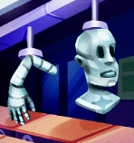 Een lopende band onderaan, en een transportband bovenaan. Aan de bovenste band hangen links een robot-arm en rechts een robot-hoofd.