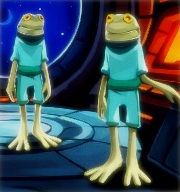 Twee Frogborne-Kikkers staan in het interieur van een ruimteschip. Beide Kikkers dragen korte vakantiekleding (T-shirt en shorts).