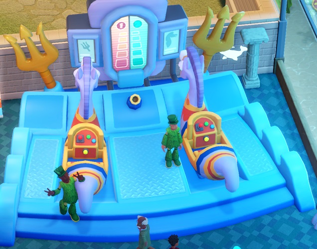 Twee mechanische Zeepaarden, voorzien van drukknoppen en een joystick, vormen de Seahorse Racer. Twee Botany Enthusiasts staan op het punt in de Zeepaardjes te stappen en zo een race te beginnen.