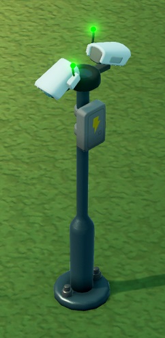 Een Security Camera Post is een lange, dunne paal met aan de bovenkant twee Camera's. Een groen lichtje geeft aan dat de Camera's gecontroleerd worden door een werkende Camera Room.