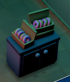 Een kastje met drie dozen erop. Twee ervan zijn open en bevatten elk vier donuts. Het geheel wordt blauw verlicht door de Camera Roomverlichting.