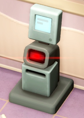 Close-up van een Self-Service Checkout Counter in een Souvenirwinkel. Het is een grijs toestel met een klein scherm bovenaan, en een rode laserscanner in het midden. Onderaan zit een gleuf (voor het kasticket?).