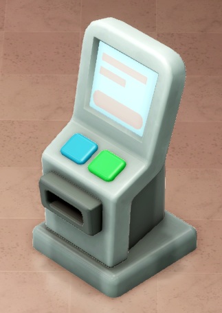 Een grijze automaat-met-scherm bovenaan. Op de machine staan een blauwe, vierkante knop (links) en een groene, vierkante knop (rechts). Onderaan zit een gleuf, waaruit de tickets komen.