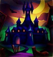 Een griezelig kasteel wordt verlicht door de halve Maan. Een vleermuis vliegt links voorbij.