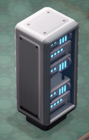 Een stapel computers, omgeven door een witte kast.