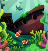De voorkant van een gezonken schip steekt omhoog uit de bodem. Op de voorgrond zwemmen twee Clown Fishes tussen zeewier en waterplanten. Op de achtergrond zwemmen twee grotere Vissen (mogelijk Haaien).