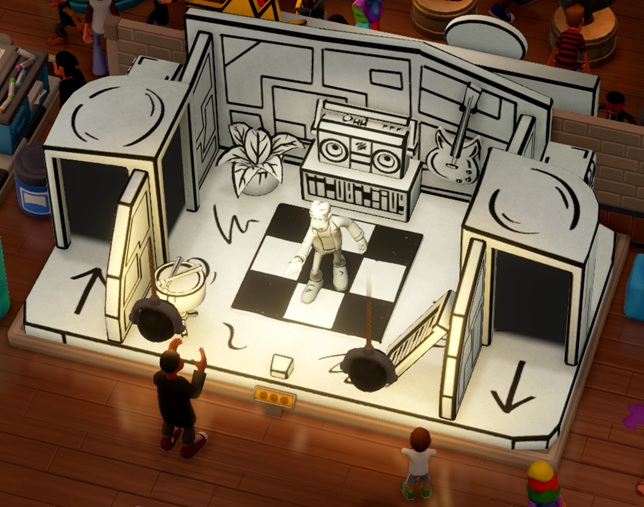 De Sketch Show is een complete toneelscene, opgebouwd uit zwarte schetslijnen, met wit opgevuld. De scene heeft links een ingang en rechts een uitgang; de eigenlijke scene stelt een huiskamer voor, met een kastje-met-boombox in de achtergrond, een trommel links vooraan en een keyboard dat tegen de wand leunt (rechts vooraan). Een Bezoeker staat te dansen op de scene (hij werd 'verkleurd' tot zwart/wit, net als de scene). Een Kind en een volwassen Bezoeker kijken toe en applaudisseren.