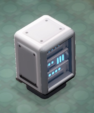 Een lage stapel computers, omgeven door een kleine witte kast.
