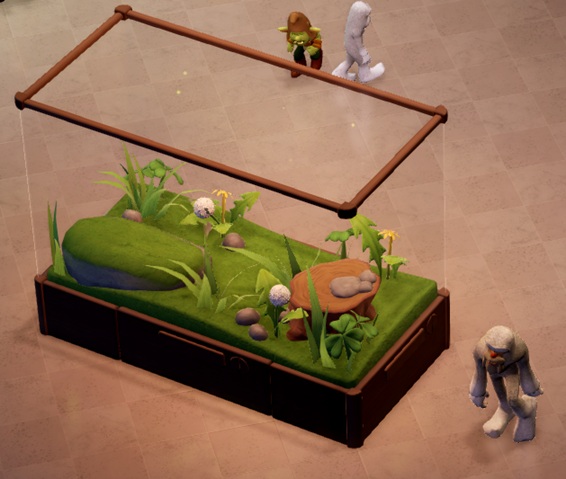 Een Small Terrarium ingericht als Grasland. Rond het Terrarium lopen een Goblin en een Yeti-kind (bovenaan) en, rechts, een volwassen Yeti.