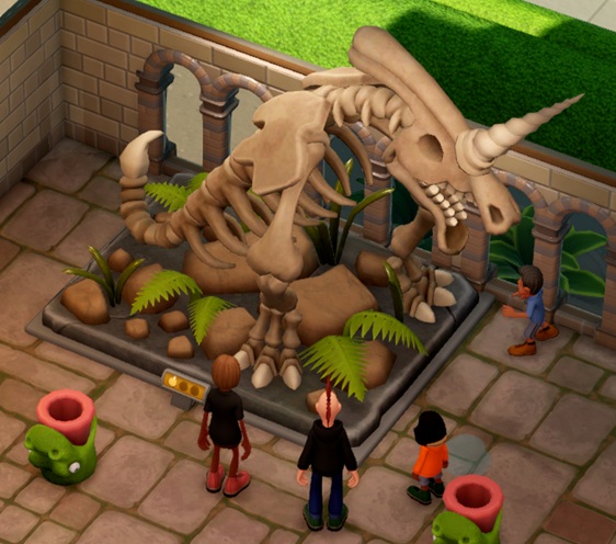 Twee volwassenen en twee kinderen bekijken het skelet van een Smorgasbordasaurus. Het geraamte heeft een lange schedel met een hoorn op de neus, twee lange drietenige poten en een schorpioenenstaart.