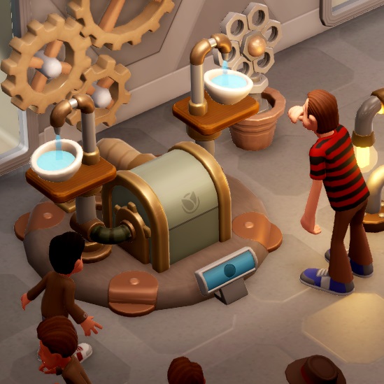 Een Spa Point is een machine met links en rechts een mini-bassin, waarin een kraantje water laat lopen. Rondom de Spa Point zitten tandwielen ter versiering. Rechts bekijkt een Bezoeker de Spa Point; onderaan loopt een klas schoolkinderen voorbij.