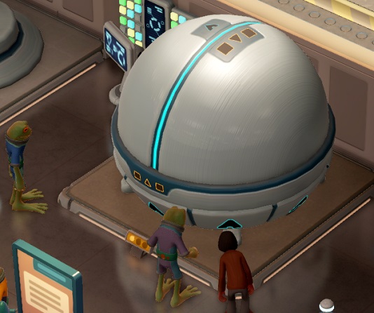 De Space Ball is een mysterieuze metalen bol, met een lichtblauw verlichte lijn die suggereert dat de bol langs die lijn kan geopend worden. Twee Frogborne-Bezoekers en één 'gewone' Museumgast bekijken de Bol.