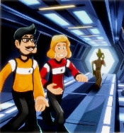 In een lange, verlichte gang lopen twee astronauten zij aan zij. De linkse astronaut (Roderick Cushion?) draagt een geel uniform; de rechtse astronaute heeft een rood uniform aan. In de verte is het silhouet van een Cheese-Moonger zichtbaar, telefonerend met gsm of smartphone.