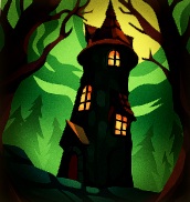 In een naaldbos rijst een spiraalvormige toren op uit een griezelig landschap. De volle Maan schijnt en uit de drie vensters van de toren komt licht.