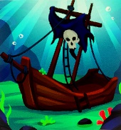 Een houten piratenschip ligt op de zeebodem. Zonnestralen verlichten het schip.