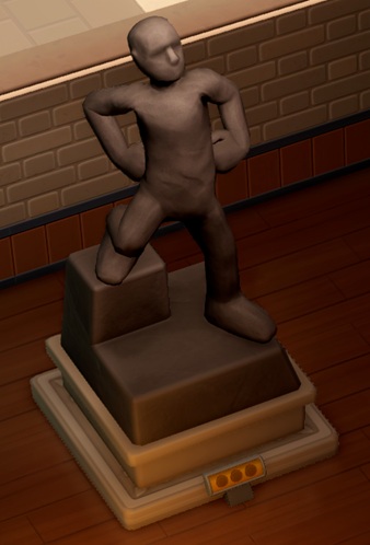 Vogelperspectief van een Statue (standbeeld). Het beeld is een Mens, die vol zelfvertrouwen rechtop staat, met de handen in de zij en de blik naar de lucht.
