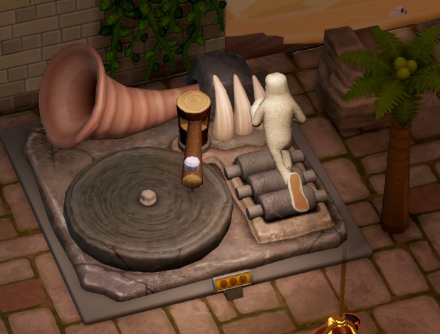 Een stenen platenspeler, met een Yeti die op de rollen loopt. Rechts van de Stone Stereo staat een palmboom.