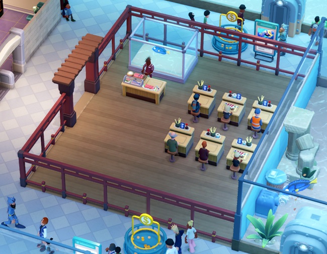 Vogelperspectief van een Sushi Bar met links de 'Serving Counter' met Assistent, en daarachter het Aquarium waarin de te serveren Vis bewaard wordt. Rechts zitten zes klanten aan evenveel Bartafels; één van de klanten is een Conciërge. Een Blue Tang wacht in de 'Sushi Fish Tank' op verwerking tot Sushi/Sashimi.