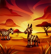 Een Savannevlakte in de avondzon, met twee Zig-Zebras: één veraf, één dichtbij.