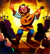 In een volle herberg staat een bard te zingen op een ronde tafel. Hij rekt één snaar van zijn luit heel ver naar boven uit.