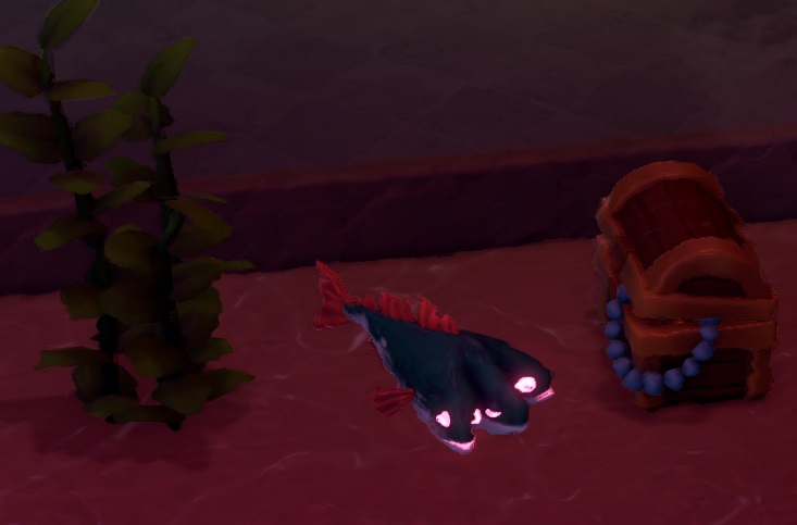 Een Kabeljauw met drie koppen zwemt tussen een waterplant (links) en een schatkist (rechts), in rood licht.