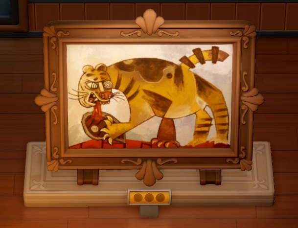 Een schilderij van een 'Trance Tiger' die vlees eet. De Tijger is schetsmatig afgebeeld, in Picasso-achtige stijl.